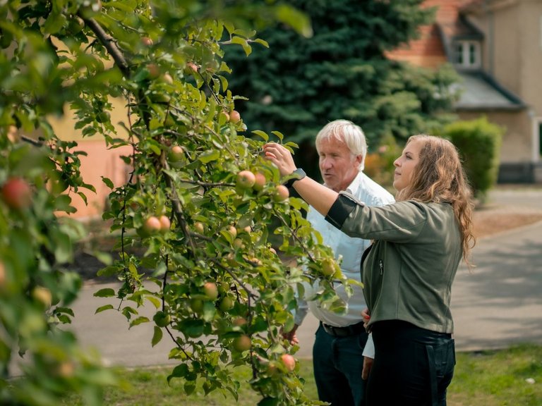 Zwei Mitarbeitende stehen im grünen Garten des Hauses und betrachten die Obstbäume.
